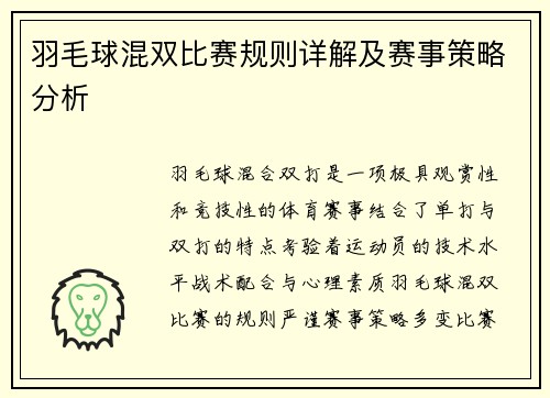 羽毛球混双比赛规则详解及赛事策略分析