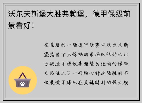 沃尔夫斯堡大胜弗赖堡，德甲保级前景看好！